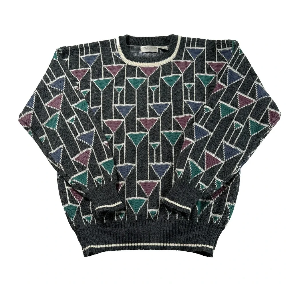 Vintage‎ Hennessy Mens Geometric Crewneck Sweater Sz L 90s Grandpa Core